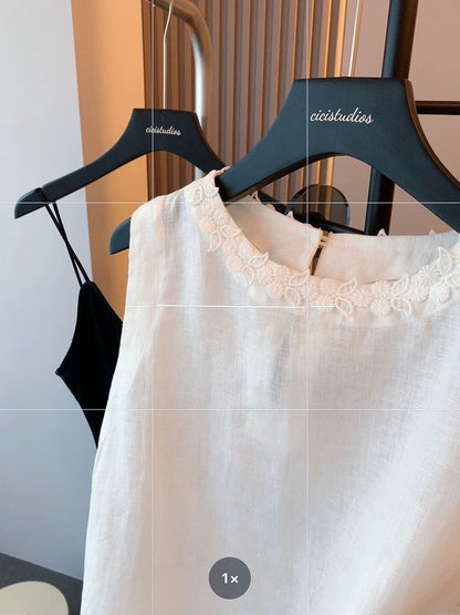 White embroidered lace linen vest suit for women summer slim holiday style slim high waist straight shorts two-piece suit