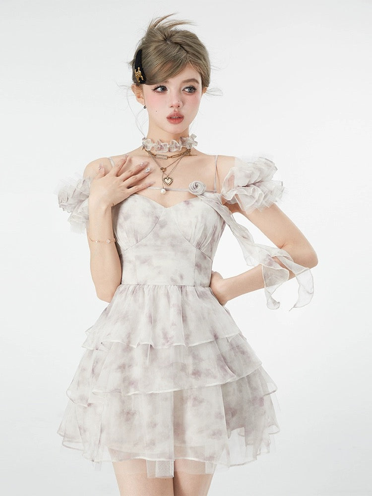 Acaine A Cai's drunken sweet berry jelly/skirt niche design romantic printed fairy suspender dress