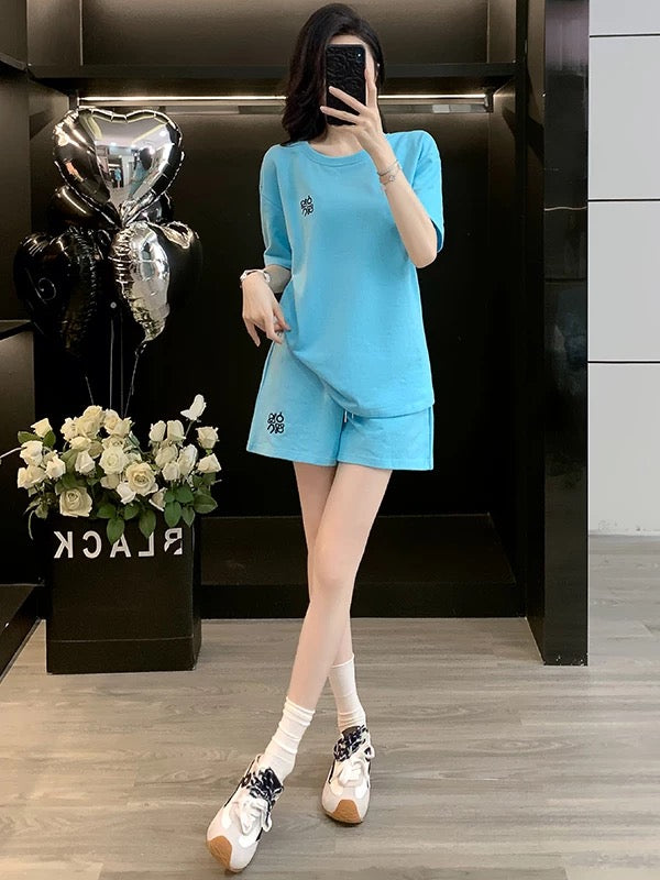 Salty outfit casual sports suit for women 2025 summer stylish age-reducing blue short-sleeved T-shirt shorts two-piece suit