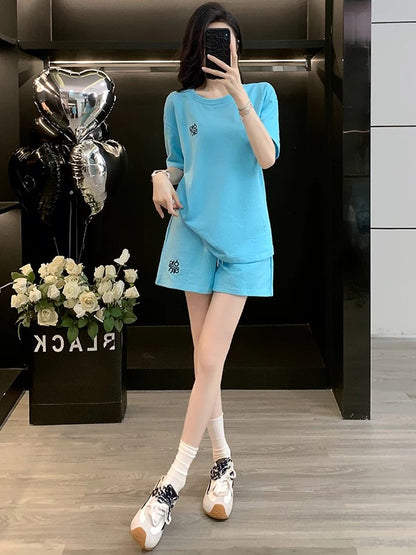 Salty outfit casual sports suit for women 2025 summer stylish age-reducing blue short-sleeved T-shirt shorts two-piece suit