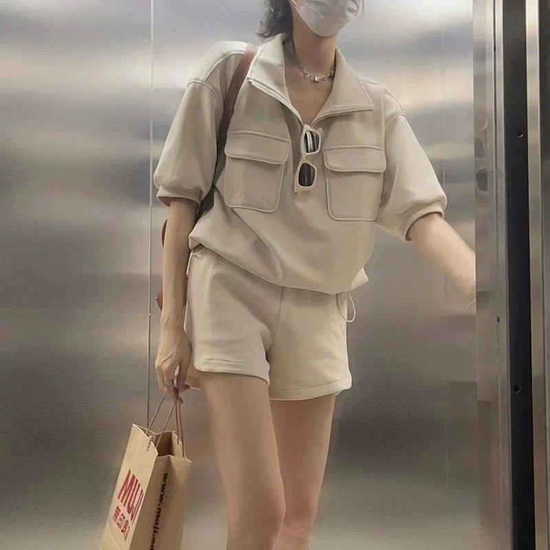 Casual sports suit for women summer 2024 new style fashionable high-end short-sleeved sweatshirt shorts two-piece set trendy