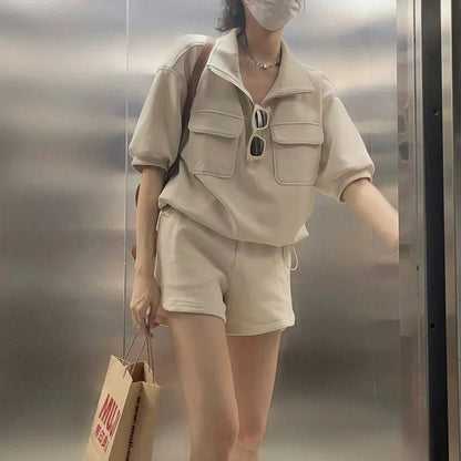 Casual sports suit for women summer 2024 new style fashionable high-end short-sleeved sweatshirt shorts two-piece set trendy