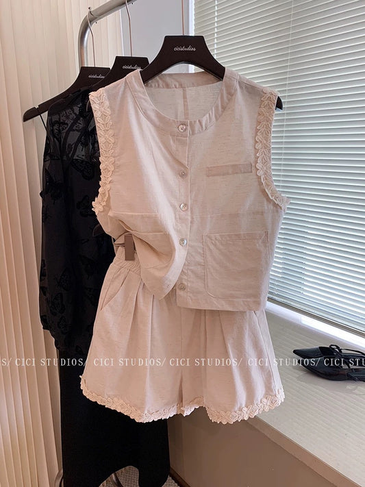 Holiday style embroidered lace sleeveless linen vest suit for women summer 2024 new slim high waist shorts two-piece suit