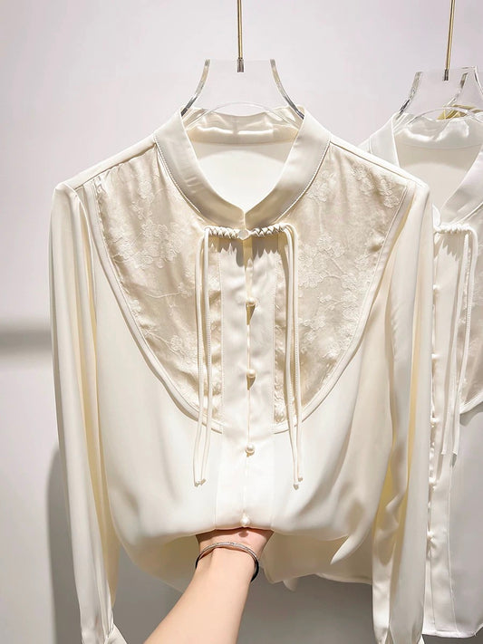 2023 new style retro stand-up collar button print stitching single item button solid color long-sleeved chiffon shirt female autumn
