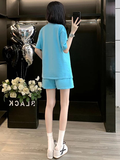 Salty outfit casual sports suit for women 2025 summer stylish age-reducing blue short-sleeved T-shirt shorts two-piece suit