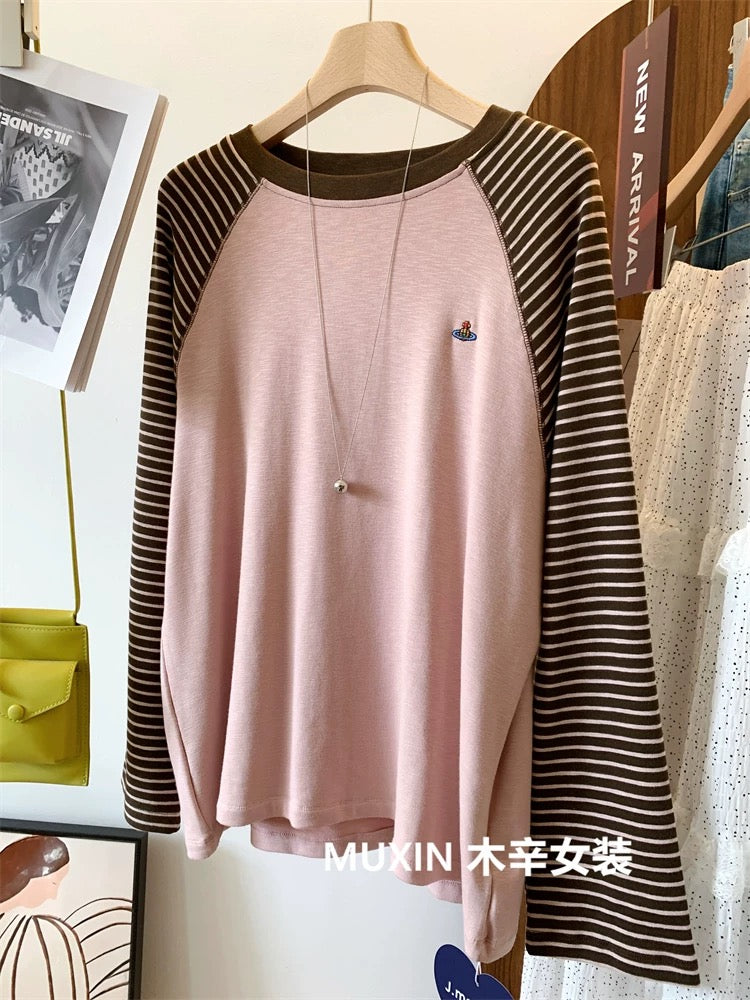 Embroidered colorful planet Tianzhu cotton autumn new striped sleeve stitching Korean style fashion long-sleeved T-shirt women's tops
