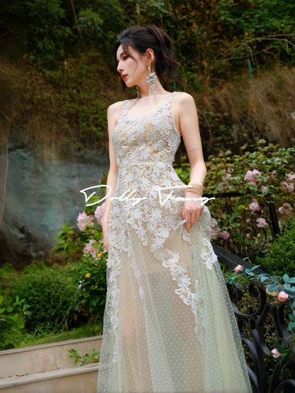 Dollytang Baroque Heavy Lace Dress: Understated Luxury, Emerald Green Polka Dot Light Dress/Morning Robe
