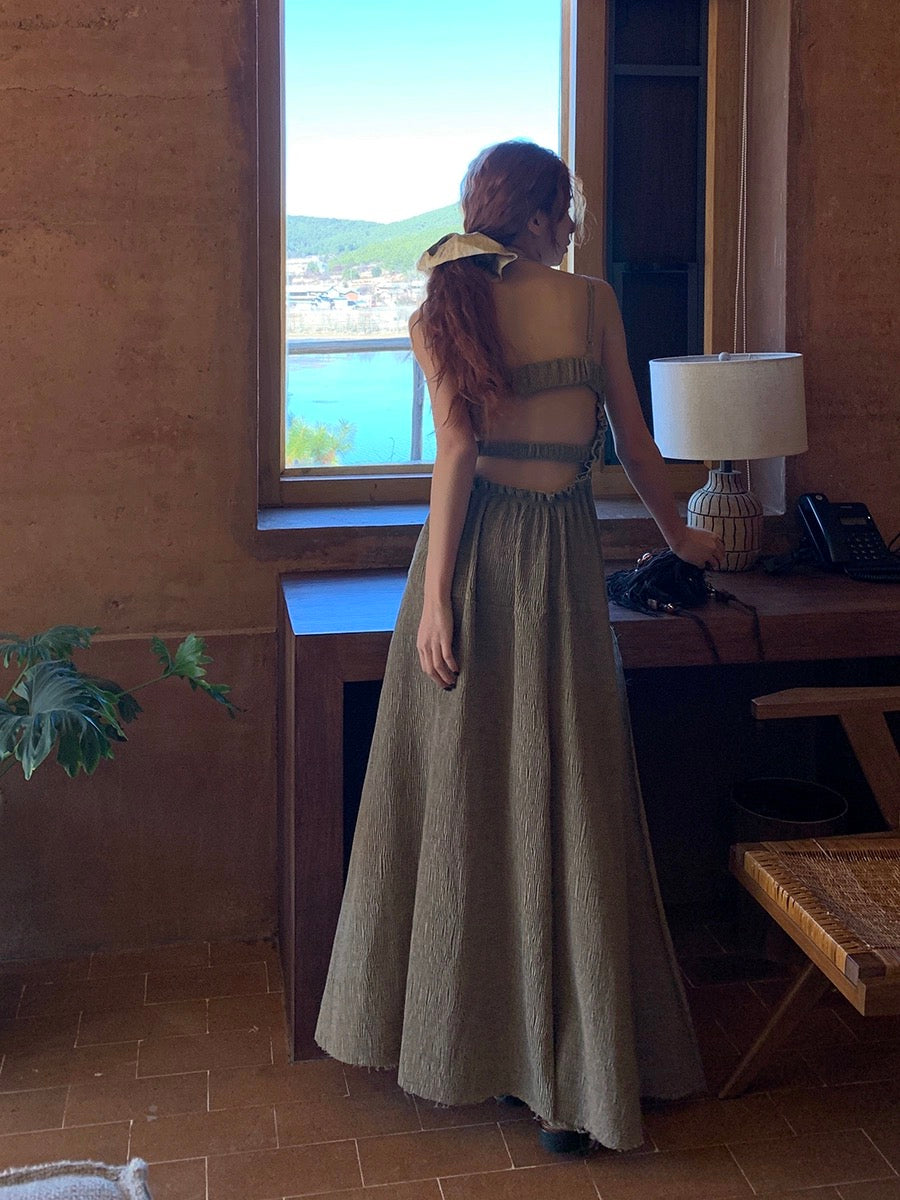 Celebrities Hall suspender dress women's new summer tea break French style long skirt slimming high-end sexy skirt