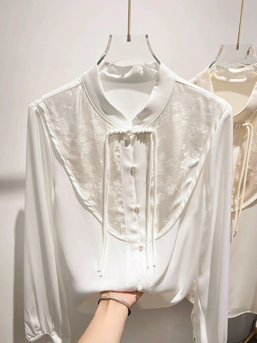 2023 new style retro stand-up collar button print stitching single item button solid color long-sleeved chiffon shirt female autumn