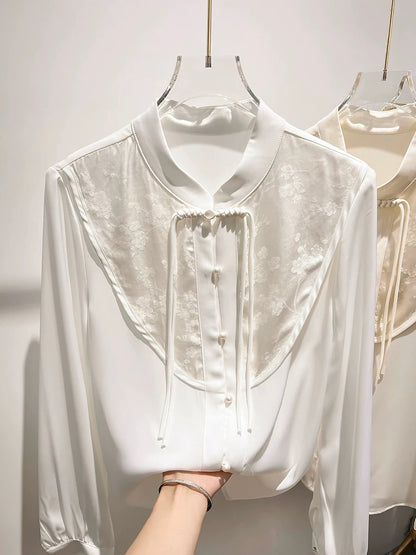 2023 new style retro stand-up collar button print stitching single item button solid color long-sleeved chiffon shirt female autumn