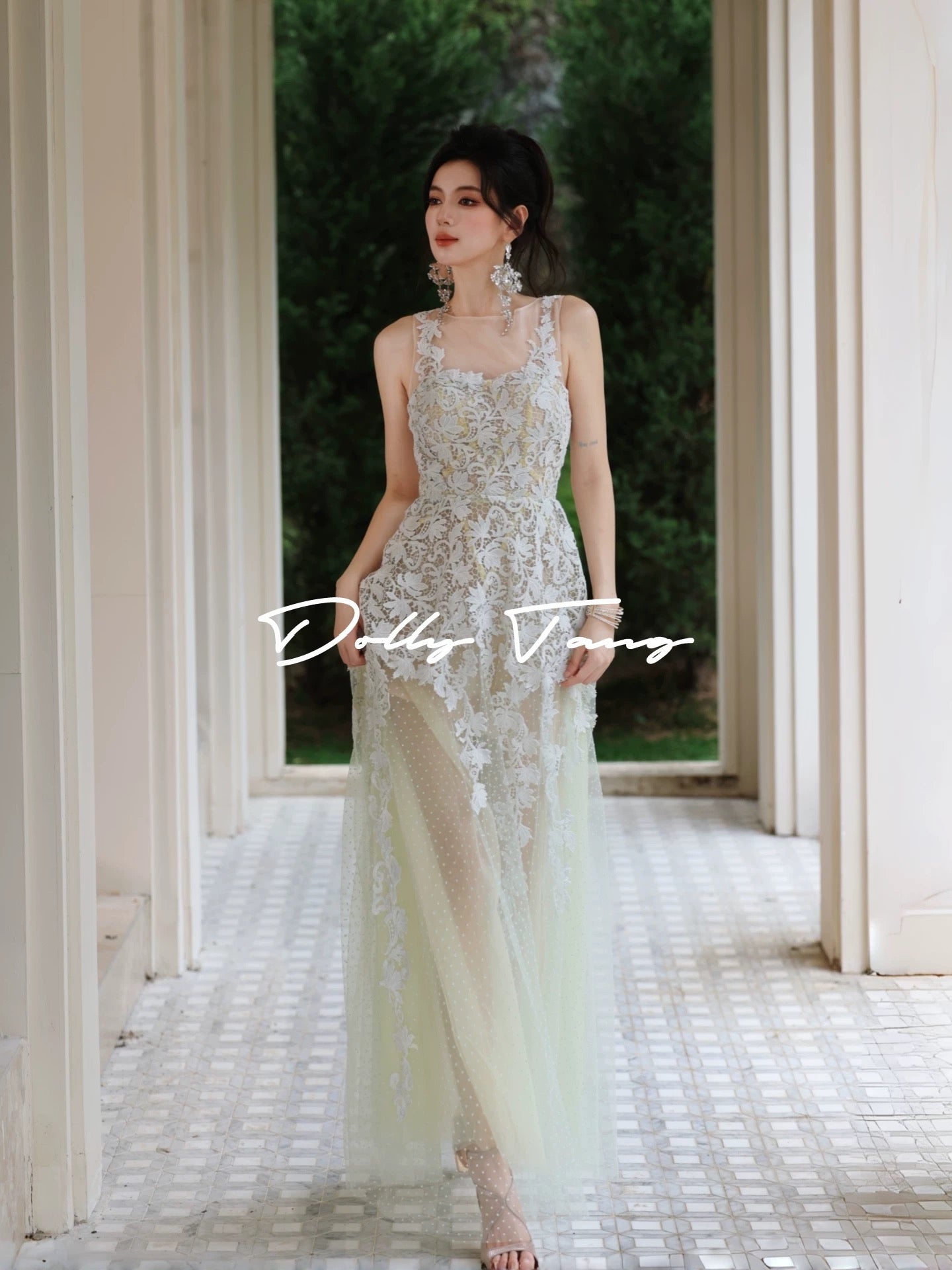 Dollytang Baroque Heavy Lace Dress: Understated Luxury, Emerald Green Polka Dot Light Dress/Morning Robe