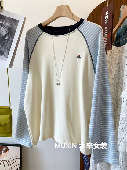 Embroidered colorful planet Tianzhu cotton autumn new striped sleeve stitching Korean style fashion long-sleeved T-shirt women's tops