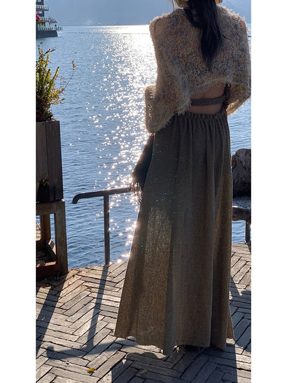 Celebrities Hall suspender dress women's new summer tea break French style long skirt slimming high-end sexy skirt