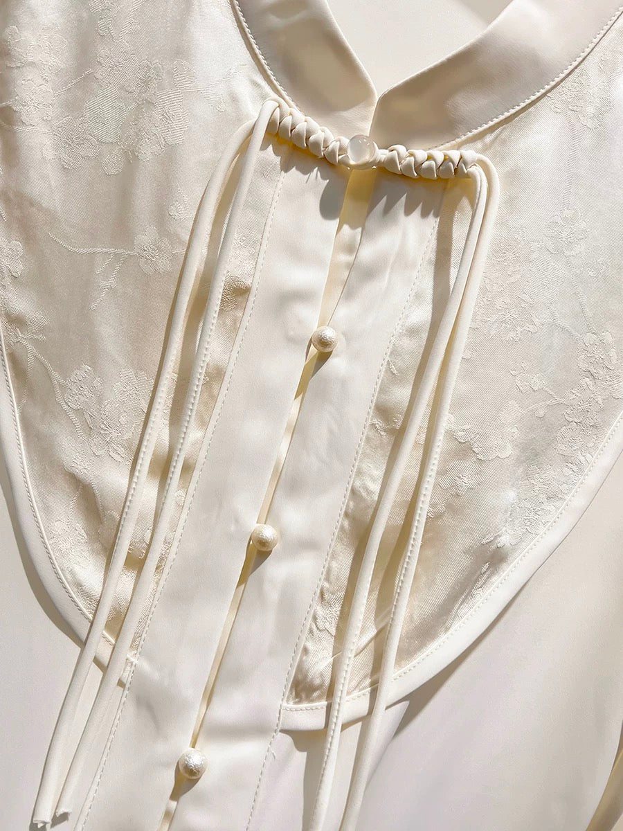 2023 new style retro stand-up collar button print stitching single item button solid color long-sleeved chiffon shirt female autumn
