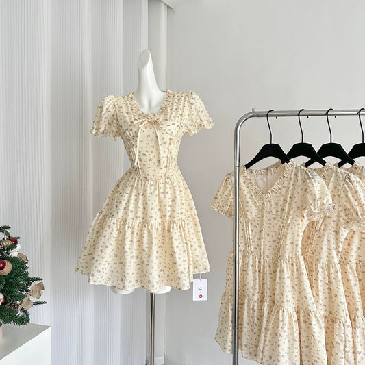 Youni French Retro Puff Sleeve V-neck Floral Dress Women's Summer Sweet and Salty Waist Small Fresh A-Line Skirt