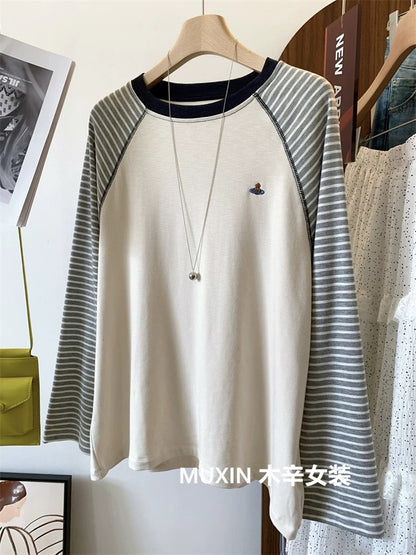 Embroidered colorful planet Tianzhu cotton autumn new striped sleeve stitching Korean style fashion long-sleeved T-shirt women's tops