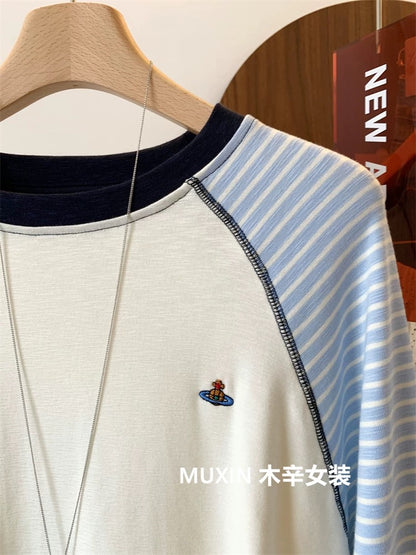 Embroidered colorful planet Tianzhu cotton autumn new striped sleeve stitching Korean style fashion long-sleeved T-shirt women's tops