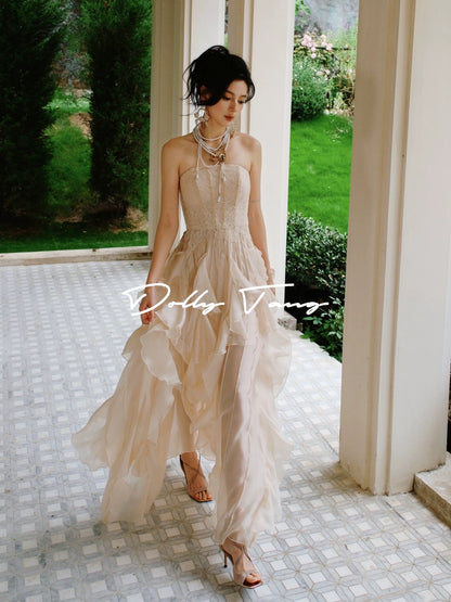dollytang heavy-duty lace layered ruffle dress with rhinestones and tassels, a flowing morning robe or casual evening gown.