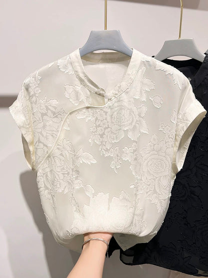 2024 new style temperament slim solid color stand collar button print short sleeve national style chiffon shirt women summer thin top