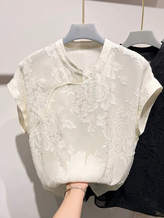 2024 new style temperament slim solid color stand collar button print short sleeve national style chiffon shirt women summer thin top