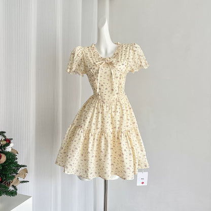 Youni French Retro Puff Sleeve V-neck Floral Dress Women's Summer Sweet and Salty Waist Small Fresh A-Line Skirt