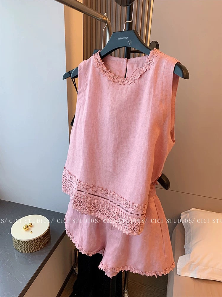 Holiday style pink linen embroidered lace vest suit female 2025 summer new casual high waist shorts two-piece suit