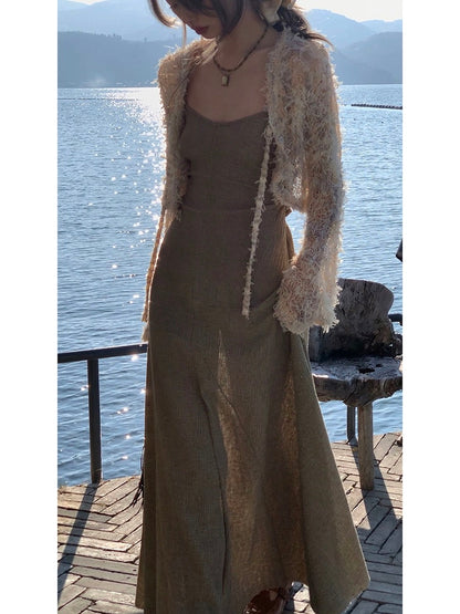 Celebrities Hall suspender dress women's new summer tea break French style long skirt slimming high-end sexy skirt
