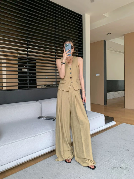 JWUNIQUE Khaki two-piece suit for women summer 2024 suit vest top high waist wide leg pants shorts