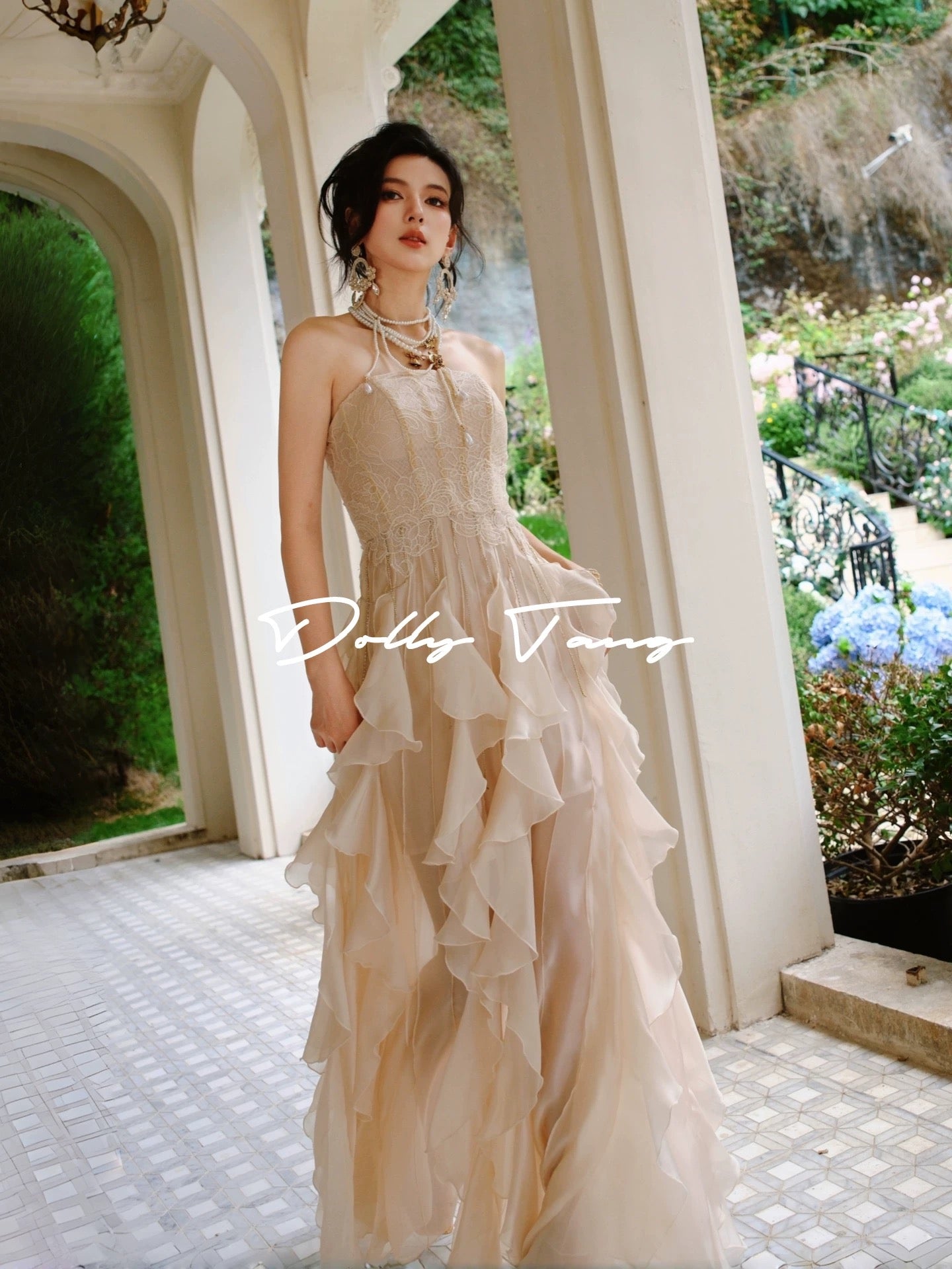 dollytang heavy-duty lace layered ruffle dress with rhinestones and tassels, a flowing morning robe or casual evening gown.