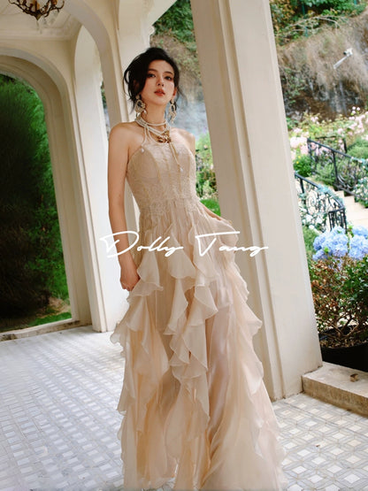 dollytang heavy-duty lace layered ruffle dress with rhinestones and tassels, a flowing morning robe or casual evening gown.