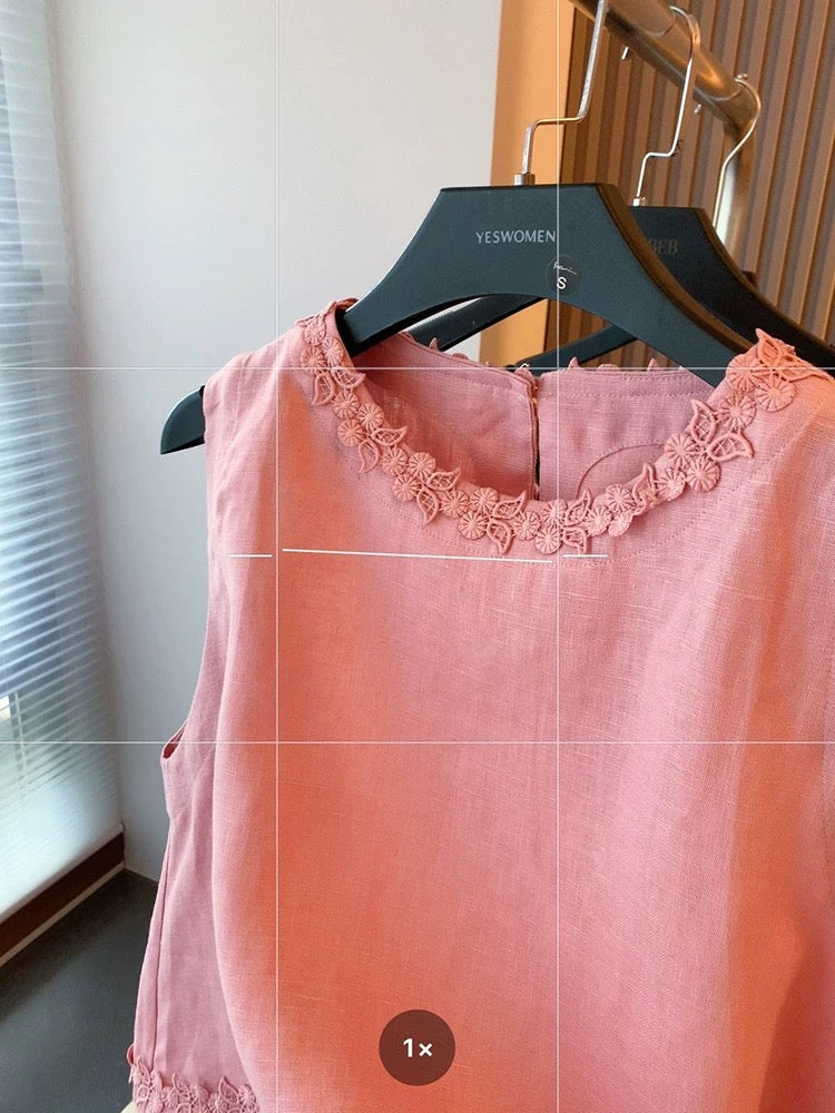 Holiday style pink linen embroidered lace vest suit female 2025 summer new casual high waist shorts two-piece suit