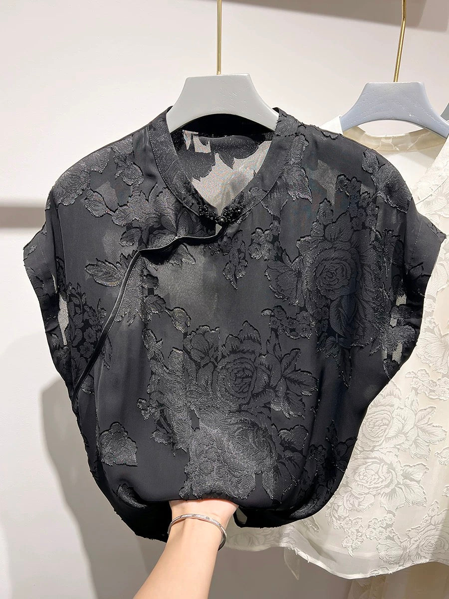 2024 new style temperament slim solid color stand collar button print short sleeve national style chiffon shirt women summer thin top