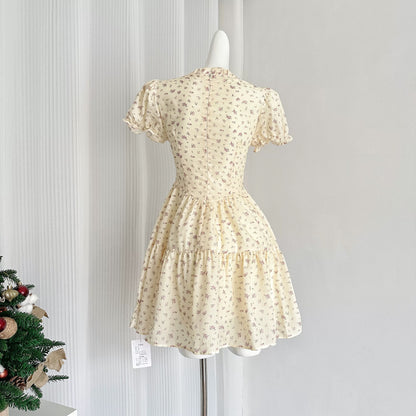 Youni French Retro Puff Sleeve V-neck Floral Dress Women's Summer Sweet and Salty Waist Small Fresh A-Line Skirt
