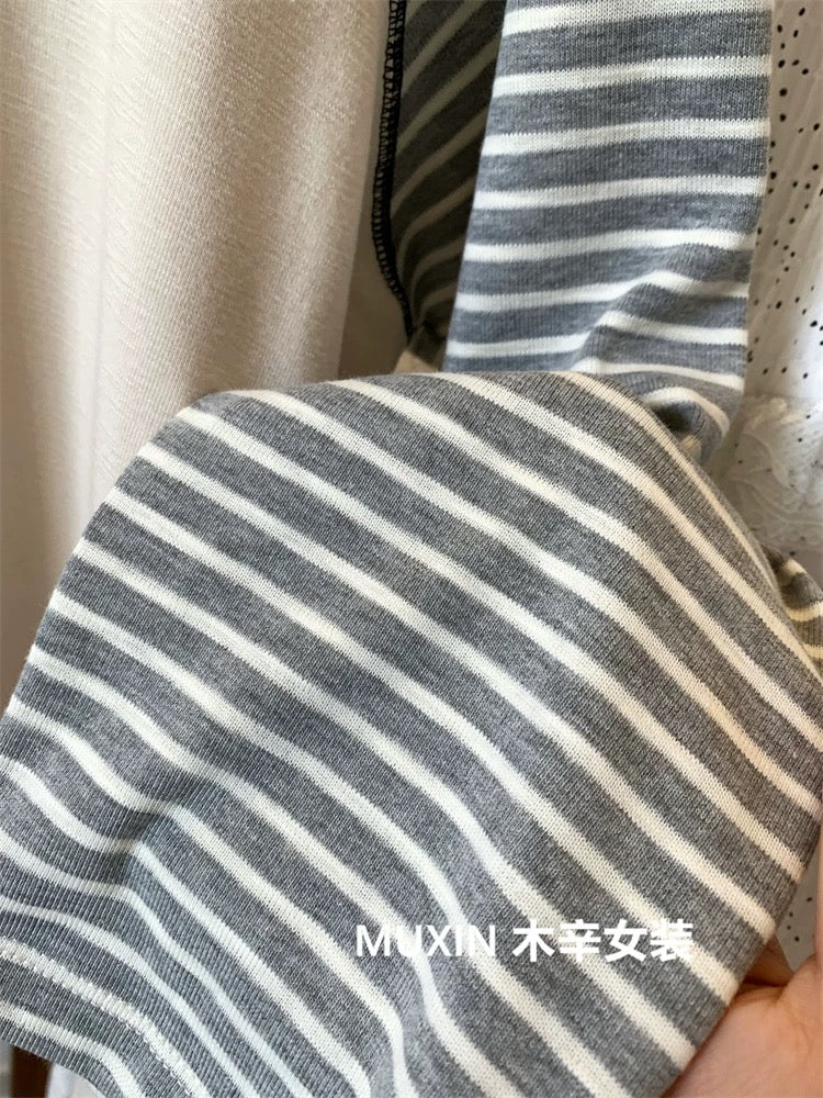 Embroidered colorful planet Tianzhu cotton autumn new striped sleeve stitching Korean style fashion long-sleeved T-shirt women's tops