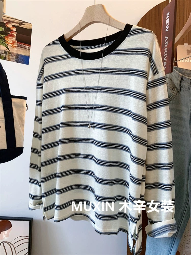 Beige stripes loose soft breathable slim women's casual early autumn Korean thin sunscreen long-sleeved T-shirt