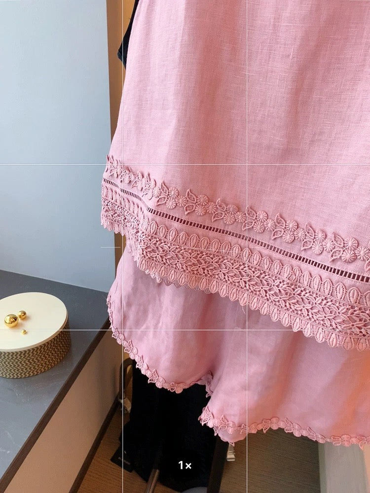 Holiday style pink linen embroidered lace vest suit female 2025 summer new casual high waist shorts two-piece suit
