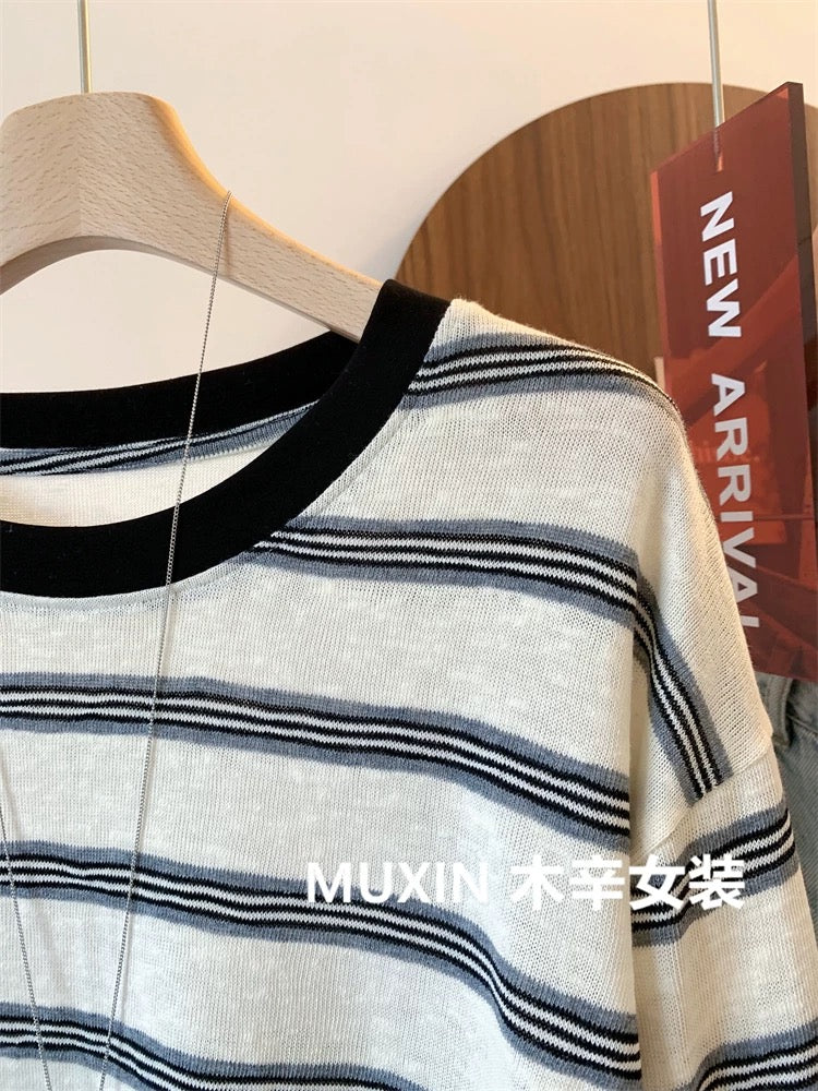 Beige stripes loose soft breathable slim women's casual early autumn Korean thin sunscreen long-sleeved T-shirt