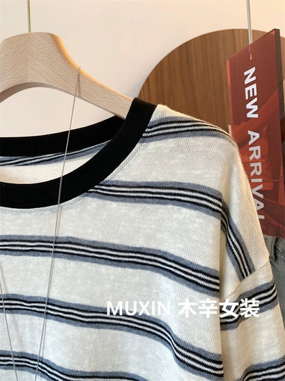 Beige stripes loose soft breathable slim women's casual early autumn Korean thin sunscreen long-sleeved T-shirt