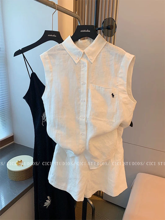 American style white embroidered linen casual suit for women summer 2025 new simple holiday style slim vest two-piece suit