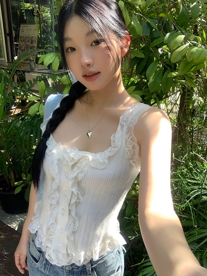 Celebrities Hall Lace Camisole Women's 2024 New Summer White Sleeveless French Sweet and Spicy Top for Women