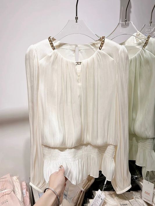 2024 new Korean temperament slim round neck chain solid color waist long sleeve chiffon shirt female spring thin top