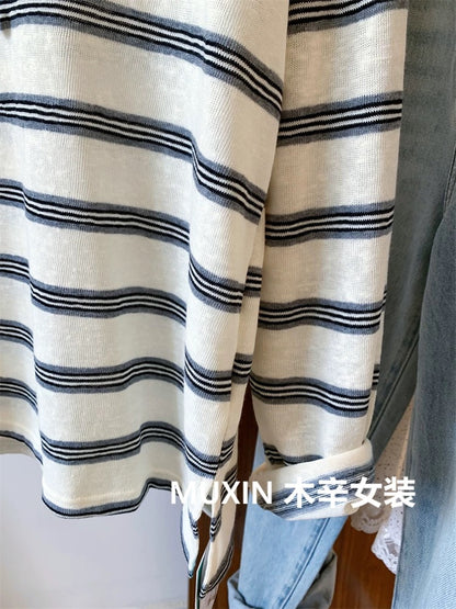 Beige stripes loose soft breathable slim women's casual early autumn Korean thin sunscreen long-sleeved T-shirt