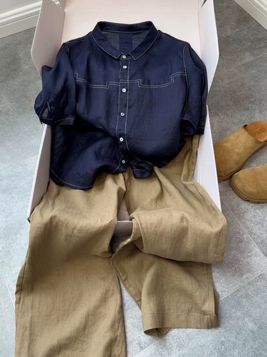 In summer, a complete set of fashionable and age-reducing western-style blue cotton, linen and linen short-sleeved shirts and wide-leg pants suits for women