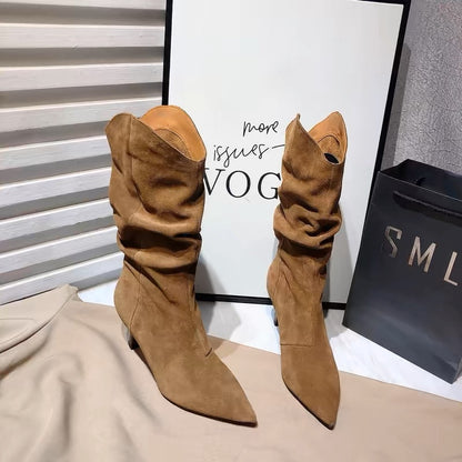 Single boots nubuck genuine leather pleated pile boots for women 2024 new sexy stiletto heel pointed toe western short boots high boots