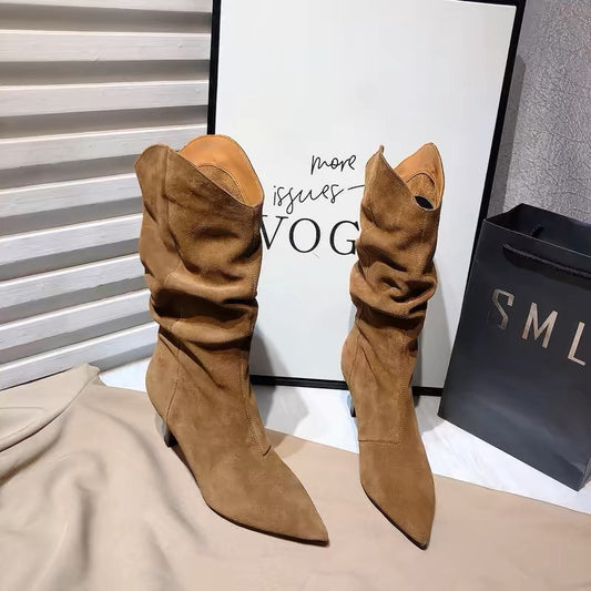 Single boots nubuck genuine leather pleated pile boots for women 2024 new sexy stiletto heel pointed toe western short boots high boots