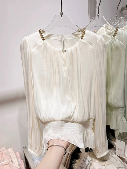 2024 new Korean temperament slim round neck chain solid color waist long sleeve chiffon shirt female spring thin top