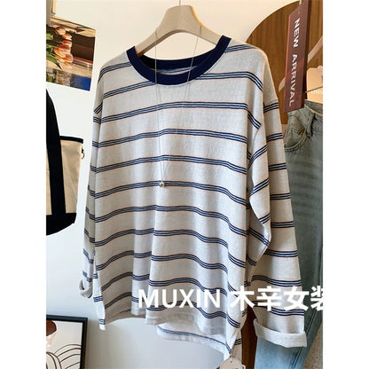 Beige stripes loose soft breathable slim women's casual early autumn Korean thin sunscreen long-sleeved T-shirt