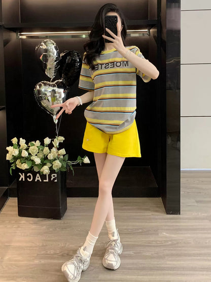 Western-style fashion striped short-sleeved suit for women summer 2025 casual sports shorts two-piece suit loose trendy age-reducing and slimming