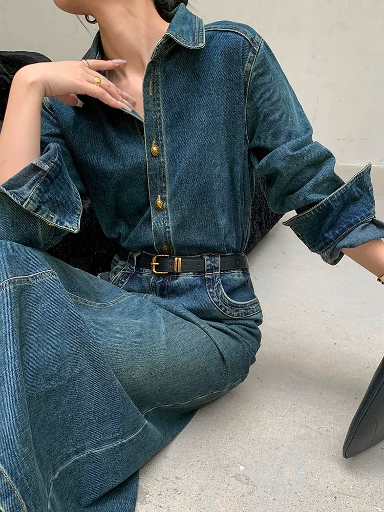 Dimple custom retro long-sleeved denim dress for women early autumn 2024 new style waist slimming temperament hip-covering long skirt