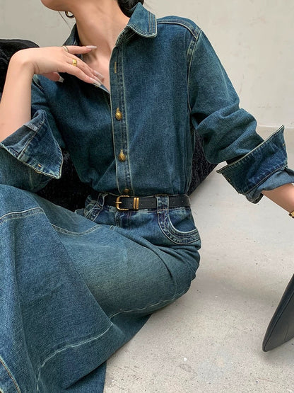 Dimple custom retro long-sleeved denim dress for women early autumn 2024 new style waist slimming temperament hip-covering long skirt